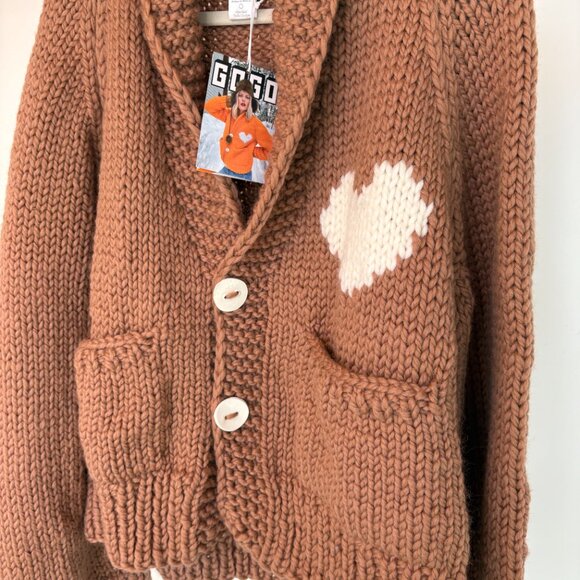 GOGO Wool Long Cardigan Tan Cream Heart - Picture 3 of 8